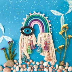 Mermaid rainbow wall hanging, Evil eye charm, Boho nursery decor, Gift for girl, Mermaid party favors