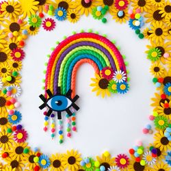 Macrame rainbow with evil eye and flowers, Hippie home decor, Boho nursery, Hippie 60s, 70s, Colorful home stuff, Birthday gift for her