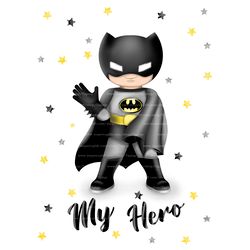 baby batman digital clipart illustration with white isolated background and lettering my hero