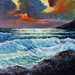 Sunset Painting Oil Seascape Original Art Artwork Impasto Canvas Art