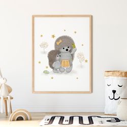 Cute little baby hedgehog and his mom take a selfie; digital clipart illustration with white isolated background