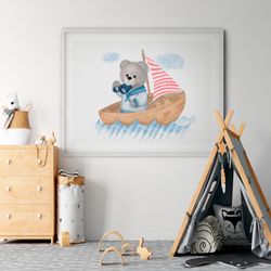 cute little teddy bear dressed in a vest floats in a boat on the sea and looks through binoculars; digital clipart illustration with white isolated background