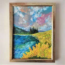 Mountain landscape painting on canvas Landscape wall art Yellow flowers artwork Mountain Lake painting Wall decor