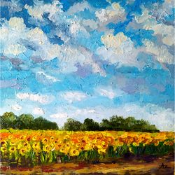 Clouds Painting Sunflower Original Art Landscape Oil Artwork Sky