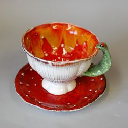 Ceramic tea set Fly agaric Handmade red mushroom white polka ceramic cup saucer Unusual tea or coffee set in the form