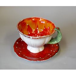 Ceramic tea set Fly agaric Handmade red mushroom white polka ceramic cup saucer Unusual tea or coffee set in the form of a fly agaric bend  Bright red mushroom caps with white dots. For coffee, for tea, for a bright gift Handmade ceramics