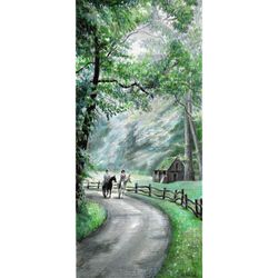 riding horses together. forest landscape. original pencil drawing 14x6.2