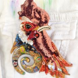 Iridescent large embroidered brooch Fairy rooster, with a vintage glass pendant