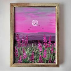Pink sunset original painting Flower meadow painting Landscape wall art Sunset wall decor painting Flower field painting