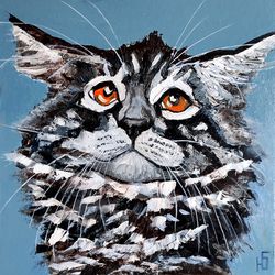 cat oil painting maine coon original art meme pet artwork grey tabby cat portrait
