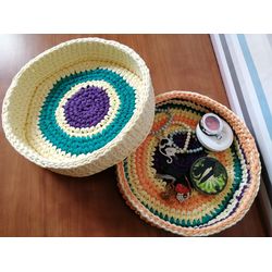 Basket for storage. Set of two decor Baskets.Multicolor boho Baskets.Baskets for shelves. Bedside storage. Round tray for beautiful storage. Crochet trays.Center table basket. Snack basket.