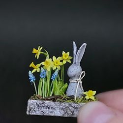 Dollhouse 1:12 miniature composition with daffodils, Miniature Easter composition with rabbit, Miniature flower arrangement, Doll composition with muscari flowers, Miniature flowers for dolls