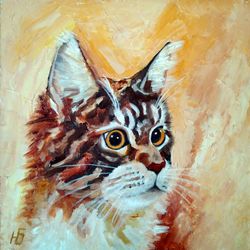 maine coon portrait cat oil painting original pet wall art tabby cat small artwork