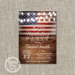 Patriotic Invitation, Rustic Birthday Invitation, Rustic American Birthday Invitation, Adult Birthday Party, Printable digital, 5x7