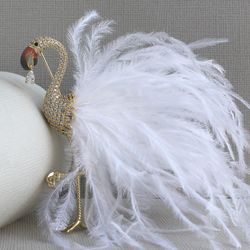 white gold bird brooch with feathers, flamingo bird brooch