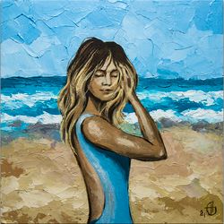 Girl on Beach Painting California Seascape Original Art Malibu Beach Artwork Small Oil Painting Wall Art 6 by 6 by Nadya Ya
