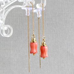 Natural Coral Threader Earrings this 18k Gold Plated Dangly Earrings for gift for her Perfect for Everyday, Birthday and Wedding