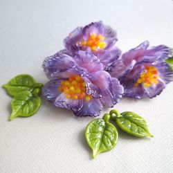 lilac glass flower bead 1 pcs huge handmade lampwork flower bead can be used for brooch or necklace, pendant. leaves for display only
