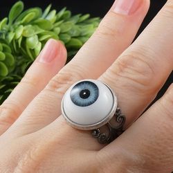 Human Eye Adjustable Ring Gray Grey Blue Evil Eye Amulet Large Round Silver Boho Statement Goth Man Woman Ring Jewelry Gift for Her for Him 7874
