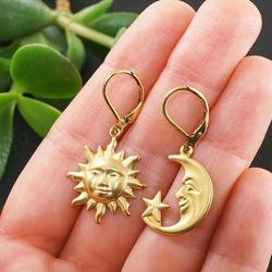 Sun and Moon Earrings Sun Crescent Moon Star Celestial Asymmetric Brass Golden Lever Back Boho Earrings Jewelry 7320