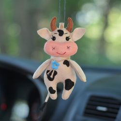Cow car mirror hanging accessories. Cow Charm. Cow with a forget-me-not. Cute car accessories for women, for teens.