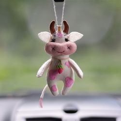 Cow car accessory. Car hanging accessories for teens, for women. Cow print strawberry charms. Rearview mirror accessory
