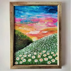Field of Daisies original painting Daisies palette knife painting Sunset artwork painting wall decor Landscape wall art