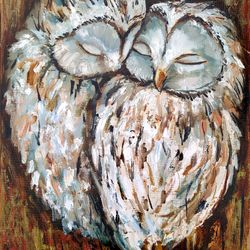 Owl Painting Bird Original Art Couple Birds Canvas Artwork Oil Painting by PaintingsDollsByZoe