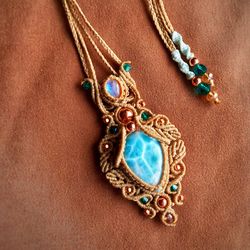 larimar necklace, women necklace, moonstone pendant, macrame jewelry, handmade jewelry, crystal jewelry, adjustable