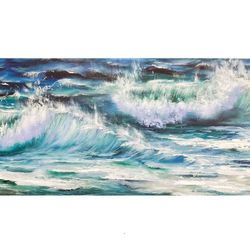 ocean painting waves original artwork oil painting on canvas 16 by 32 inch