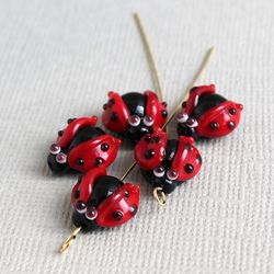 Ladybug Charm Beads 3 pcs Handmade Lampwork Glass Beads for miraculous ladybug charm jewelry, size 10 mm, hole 1 mm