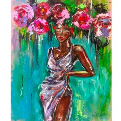 black woman painting, original painting, flowers painting, woman painting, african american art  faceless portrait painting