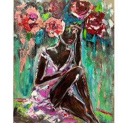 black woman painting, original art, flowers painting, african woman painting, peony painting, woman painting, figurative artwork faceless portrait painting