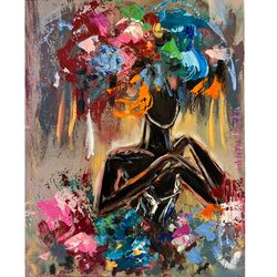 Black Woman Painting, African American Artwork, Original Painting, 13 by 16"Flowers Painting, Faceless Portrait Painting