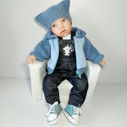 Cool knit suit for reborn baby doll 17in-44cm. Set of knitted clothes for baby born 40-46 cm.