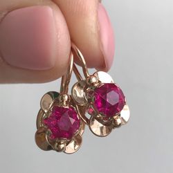 Vintage 14K Earrings «Violets» USSR 583 Rose Gold with star ruby corundum stone Soviet Retro Russian Women's jewelry gift for woman and girl