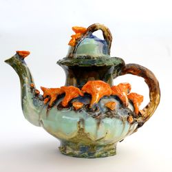 Large teapot ,Handmade unusual ceramic teapot ,Mushrooms chanterelles figurine ,Fairy teapot 33 oz, (1 l)Multicolored glaze, Whimsical sculpture, forest teapot,Wonderland style