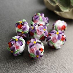 Purple Glass Flowers Beads 2 pcs beads matched pair for earrings Handmade Lampwork Flower Glass Beads