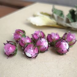 Purple Glass Flower Beads, 3 pcs Handmade Lampwork Flower Glass Beads