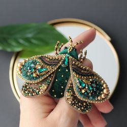 Emerald Moth Brooch Handmade. Embroidered Insect Brooch Pin. Beaded Butterfly Brooch