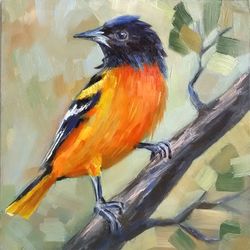 Yellow Bird Original Art Oriole Wall Art Feathered Bird Art Fauna Small oil Painting 6x6" by Svetlana