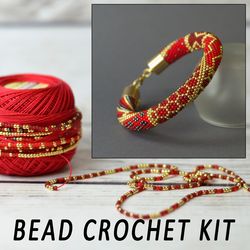 Bead crochet kit bracelet, jewelry making kit, diy bracelet kit, red beaded bracelet, kit to make bracelet, beading kit, do it yourself kit