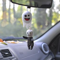 Halloween car accessory Small Ghost Plush soft skeleton charm for rearview mirror. Creepy cute doll.