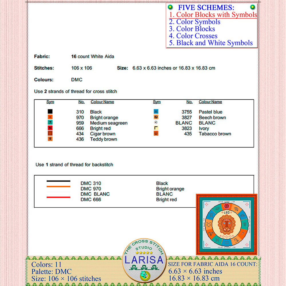 Leo zodiac sign cross stitch pattern