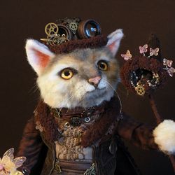 ooak steampunk cat doll, winston the cat stuffed faux fur doll