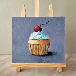 Cupcake with cherry original painting Cupcake impasto painting Dessert kitchen wall art Cake painting in a frame