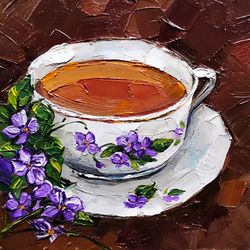 Cup Painting Tea Original Art Impasto Oil Painting 4 by 4 Still Life Artwork Small Wall Art by AlyonArt