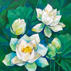 Lotus painting water lily art original painting oil impasto painting on canvas flower hand painted by AlyonArt
