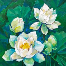 lotus painting water lily art original painting oil impasto painting on canvas flower hand painted by alyonart
