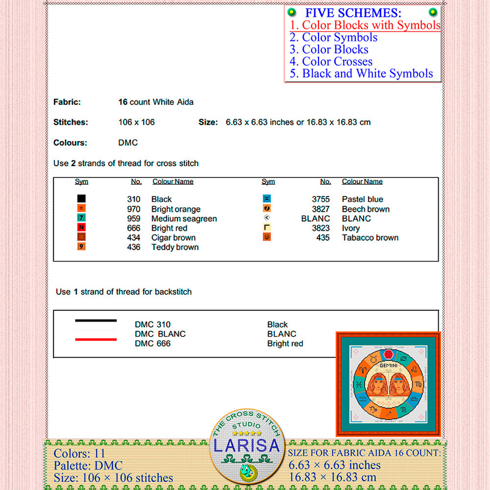 Gemini Zodiac Sign cross stitch pattern